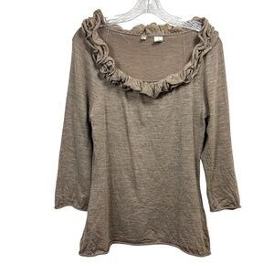 Anthropologie Womens Moth Wool Blend Ruffle Neck Top sz Medium Taupe Cottagecore
